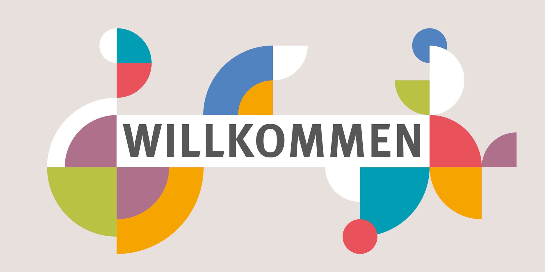 Ein Retro Design aus Halbkreisen und Kreise mit den Farben grün, blau, violet, weiß, türkis und rot. In der Mitte steht Willkommen in schwarzer Schrift auf weißem Hintergrund.